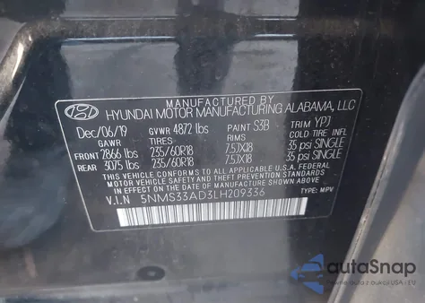 2020 Hyundai Santa Fe Sel z USA, uszkodzony, nr VIN 5NMS33AD3LH209336